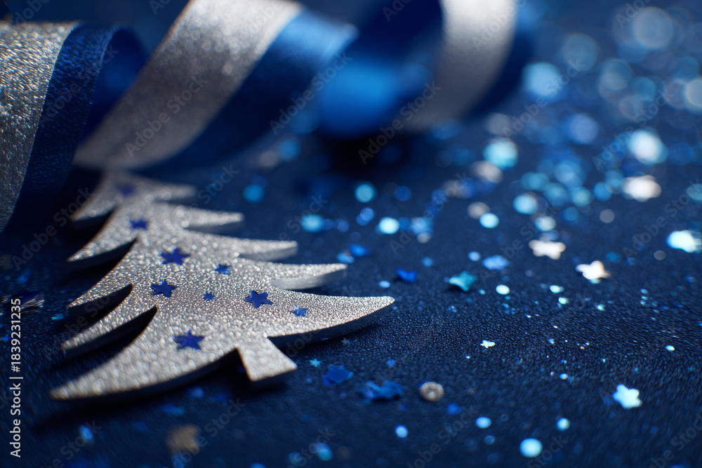 Obraz premium Blue and silver holiday elements arranged in a stylized Christmas tree form with shimmering ribbon on a dark blue background, radiating seasonal warmth