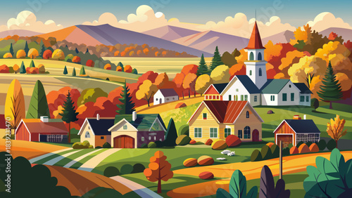 Very beautiful panoramic view of Topsham village, Vermont, with rustic homes, vibrant fall forests, and gentle rolling hills creating a tranquil countryside scene under clear soft daylight.