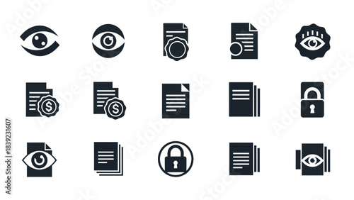 A collection of black and white icons representing data privacy, document security, and information protection.