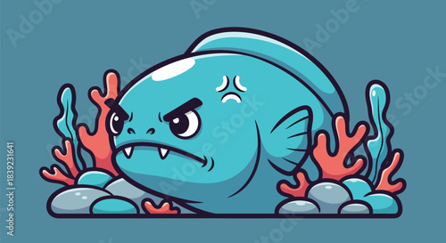 Angry cartoon fish with sharp teeth and a determined expression, ready to attack.