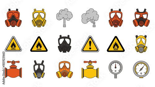 Collection of industrial safety icons including gas masks, warning signs, valves, and pressure gauges.