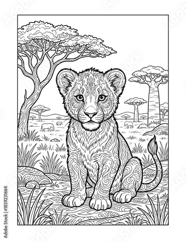 Coloring bong page of Cute Baby Lion Coloring Book Page Black and White Line Art