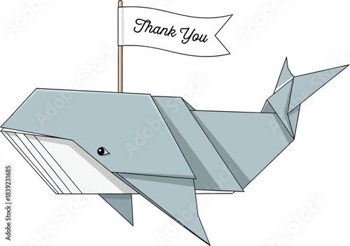 Simple clean vector of origami whale carrying tiny thank-you flag for cute gratitude themed designs