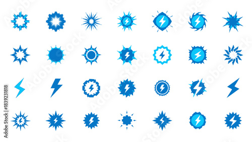 A collection of blue abstract icons featuring lightning bolts and starburst shapes, representing energy and power.