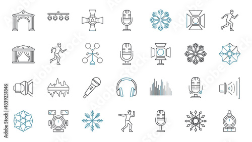 A comprehensive set of line art icons depicting various elements of stage production, music, and event activities for graphic design.