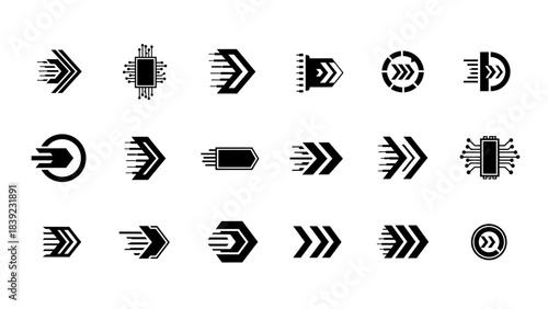 A collection of black and white icons featuring various arrow designs, many incorporating digital or speed elements.