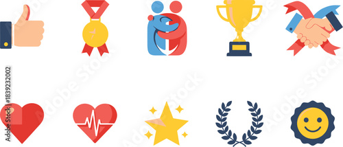 Flat 2D appreciation icons featuring thumbs up, medal, trophy, ribbon, handshake, hug, heart, star, wreath, badge