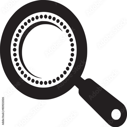 A black and white illustration of a magnifying glass with a circle of dots inside the lens