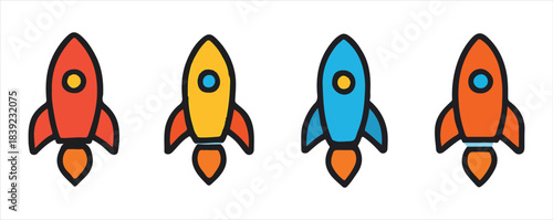 Set of Four Colorful Hand Drawn Cartoon Rockets in a Row
