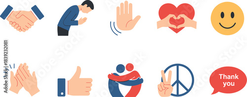 Flat 2D thank-you icons showing handshake, bowing, waving, heart hands, smile, clapping, thumbs-up, hug, peace, bubble