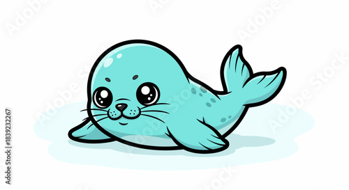 Adorable cartoon seal with big eyes and a cute expression, lying down on the ground.