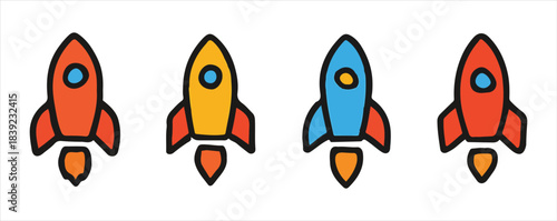 Set of Four Colorful Hand Drawn Cartoon Rockets in a Row