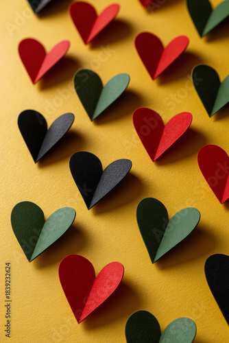 Juneteenth-inspired vertical sequence of red, green, and black hearts arranged against a bright yellow surface