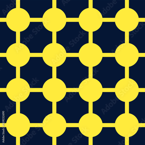 Seamless geometric pattern with yellow circles connected by lines on dark navy blue background. Yellow dots and grid lines forming a molecular or technology network system.