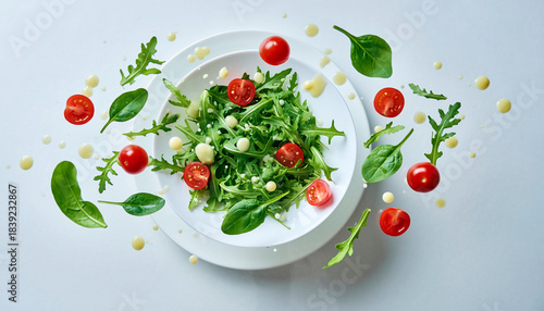 Floating arugula salad ingredients with cherry tomatoes and vinaigrette dressing over a white plate.