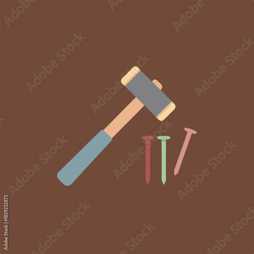 A simple, flat design illustration features a mallet and three colored nails arranged diagonally on a plain brown background.