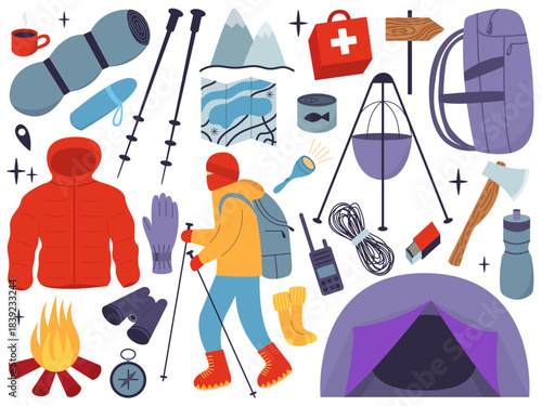 Mountaineering equipment for climbing and hiking flat set. Climbing gear equipment vector set