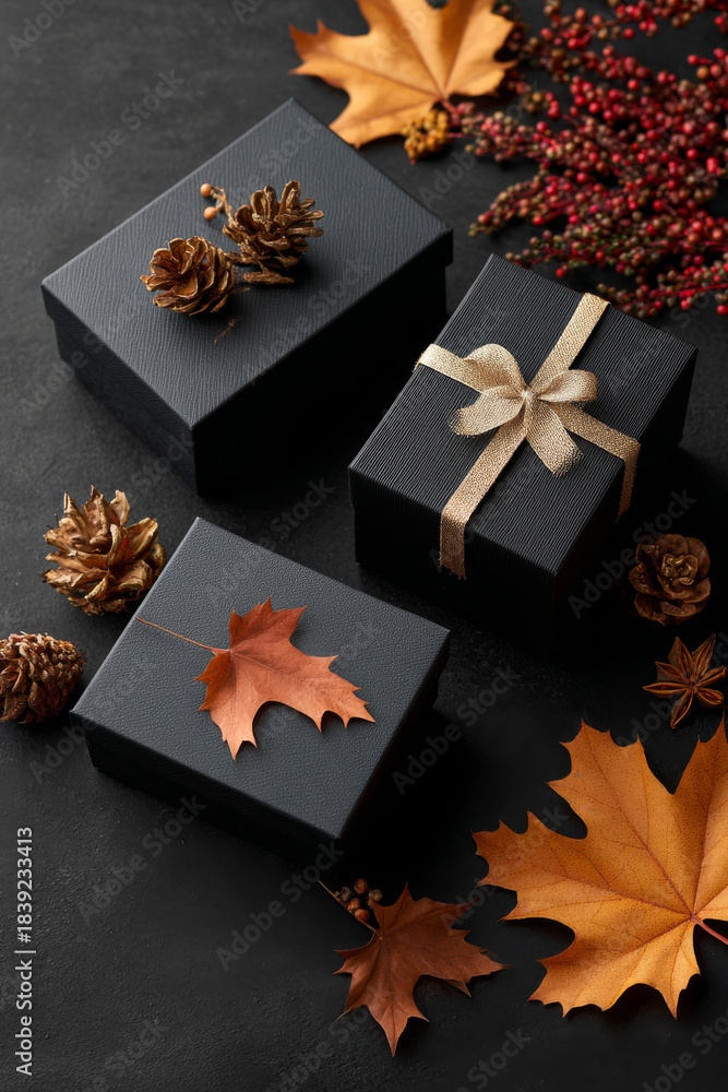 Fototapeta premium A fall-inspired composition of black presents paired with autumn foliage on a deep, shadowy backdrop