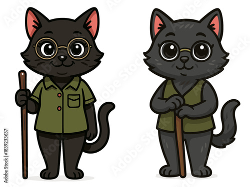 Two cartoon cats wearing glasses and holding walking sticks, dressed in different outfits, in a light-hearted scene