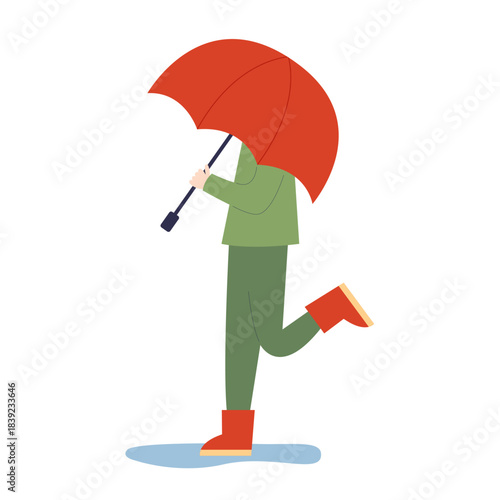 Woman hides under umbrella vector flat illustration. Woman wear rain boots and holding umbrella