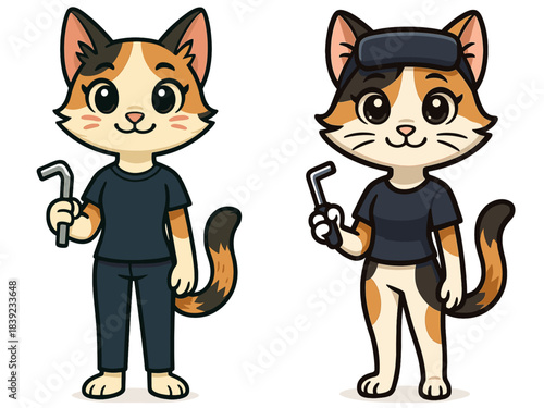 Cute cartoon cats in casual outfits with tools ready for mischief in a playful setting