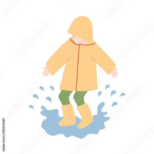 Child is jumping happily in a puddle. Child in raincoat and rubber boots playing in  puddle flat vector illustration