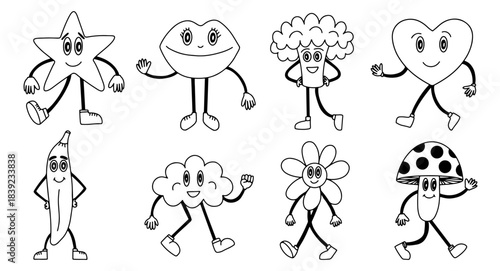 Cartoon mascots sketch set. Star, heart, lips, banana, mushroom, flower and cloud characters