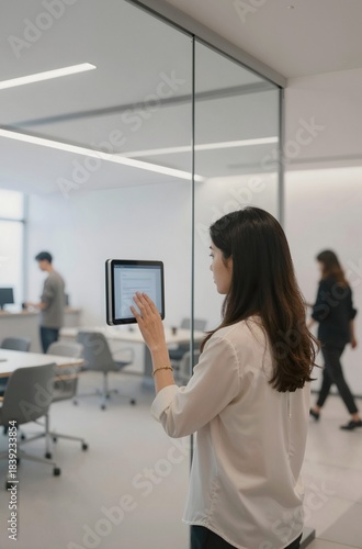 businesswoman in front of a whiteboard