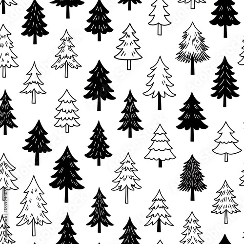 stylized coniferous pine, fir, and spruce trees drawn as thick black line art doodles on a stark white seamless pattern tile in minimalist scandinavian folk art. concept for high contrast holiday