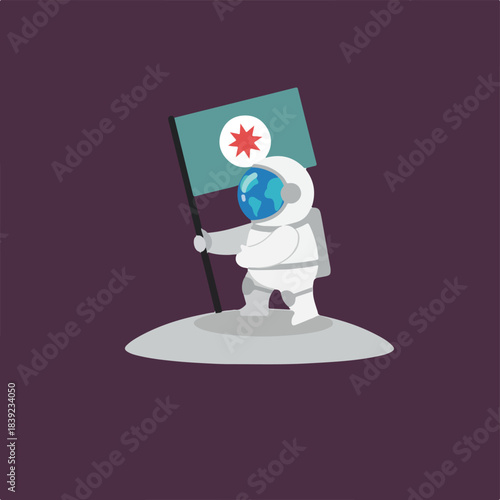 A cartoon astronaut stands on a celestial body, proudly holding a flag with a red star and displaying Earth in their helmet visor.