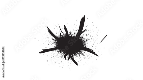 A black ink splatter with dynamic splashes and specks scattered around, creating a dramatic effect on a pure white background.