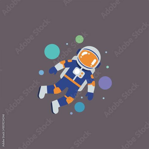 A stylized astronaut in a blue and orange suit floats among colorful planets or bubbles in a dark grey outer space.