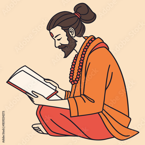 Illustration of a bearded man in orange and red robes, seated cross-legged and reading a book, symbolizing spiritual study and contemplation.