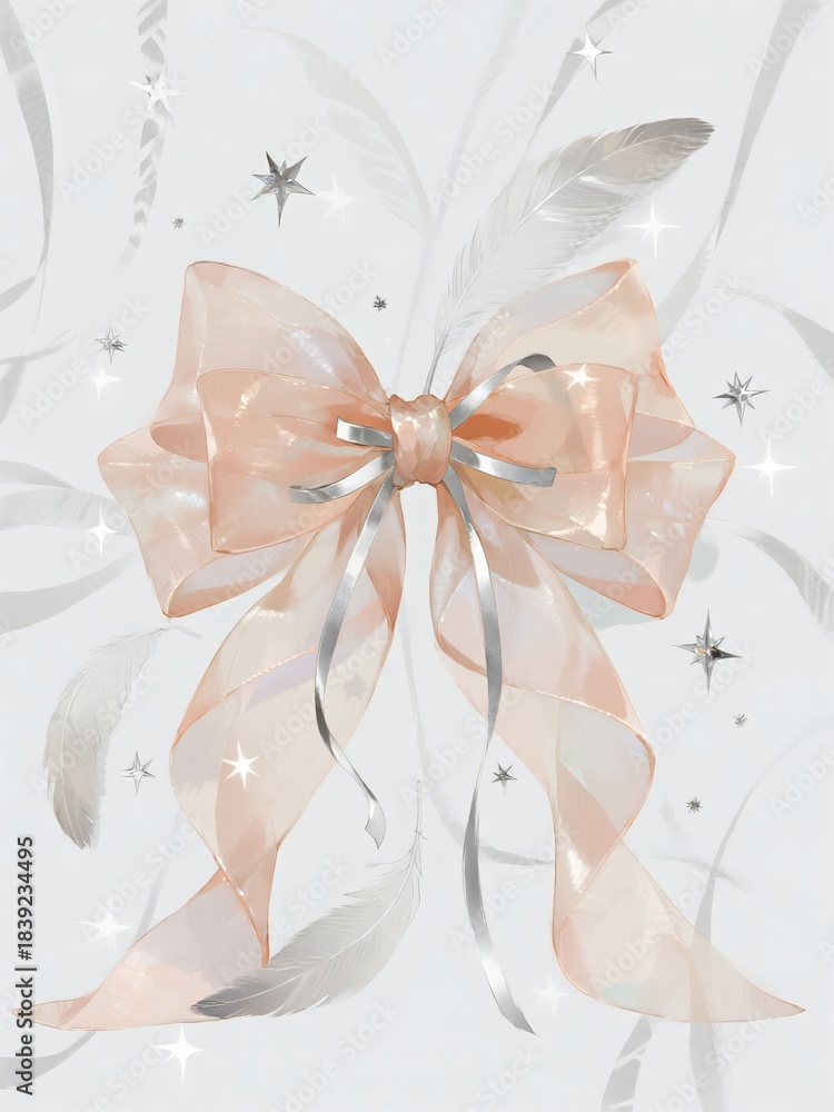 Naklejka premium Elegant light and silver transparent ribbon bow, adorned with sparkling stars and sheer texture decoration accessories 