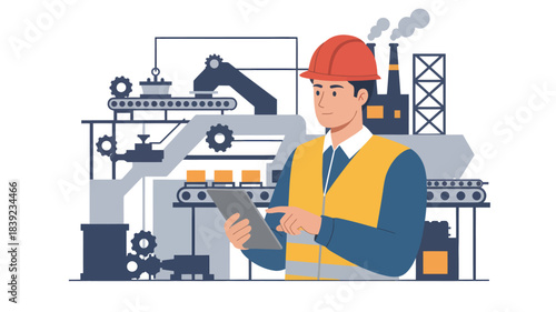 Illustration of a worker in a hard hat and safety vest using a tablet in an industrial setting with machinery and equipment.