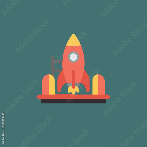 A stylized red rocket with yellow fins and nose cone prepares for launch, showing engine thrust, on a simple teal background.