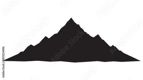 A detailed black silhouette of a mountain range with multiple peaks and a rugged landscape, set against a pure white background, creating a striking contrast