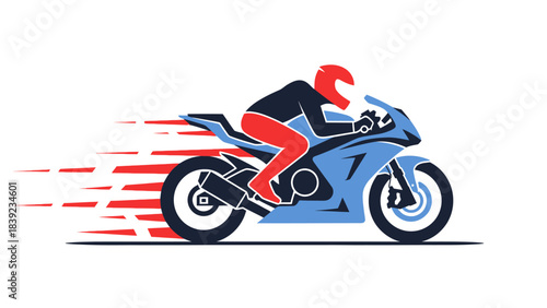 A dynamic illustration of a motorcyclist in full racing gear speeding on a blue sportbike, with motion blur effects indicating high velocity.