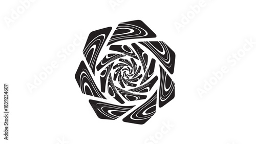 A black and white abstract spiral design with swirling patterns and shapes, creating a mesmerizing optical illusion effect, isolated on white background