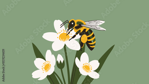 A detailed illustration of a bee collecting nectar from a white flower with green leaves and a bud in the background.