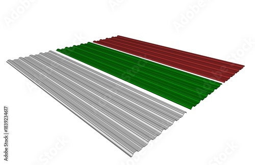 Rendered image depicting three distinct, angled sheets of corrugated roofing material, often used in construction for roofing and cladding. Related to construction materials, industrial products