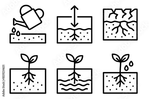Garden Water Cycle Icons. Garden Water Balance linear set: watering can pour, soil cross-section, capillary rise arrow, saturated zone, drought-crack soil, root hydration.