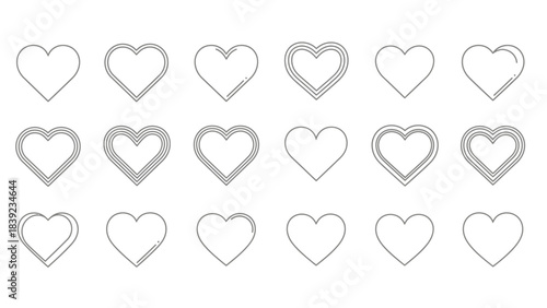 A collection of various heart outline icons and symbols in different line styles.