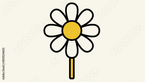 A simple, stylized illustration of a daisy with a yellow center and white petals on a light background.