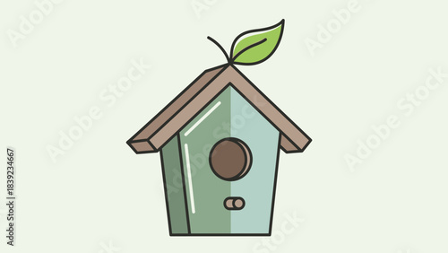 A charming cartoon illustration of a green birdhouse with a brown roof and a single green leaf on top, set against a light background.