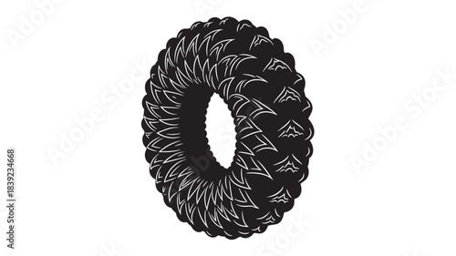 A black hair tie with a spiral design made of coiled material, presented on a clean white background, showcasing its textured and twisted structure.