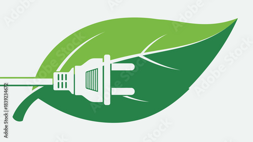A green leaf with an electrical plug and cord, symbolizing eco-friendly and sustainable energy.