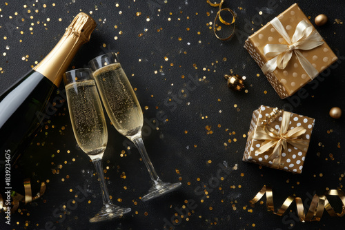An elegant overhead arrangement displays champagne, glasses, a gift box, and shimmering decor set atop a dark, celebratory background.