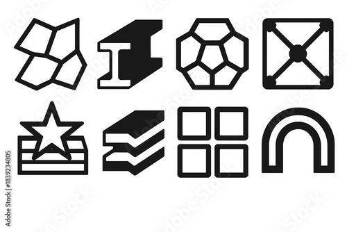 Bold Geometric Icons. Geometry-based material sets silhouette set: tessellated panel, composite beam bar, crystalline tile, structural mesh node, modular shape plate, layered form
