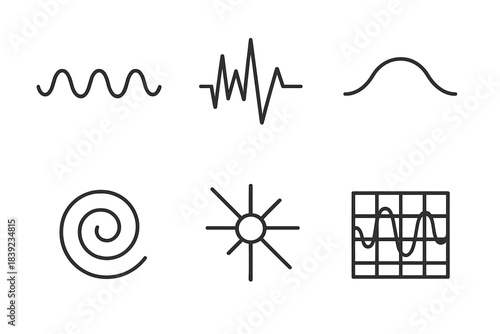 Brainwave Icon Patterns. Digital Brainwave Patterns linear set: alpha wave line, beta spike, delta curve, theta swirl, neural pulse, signal grid.